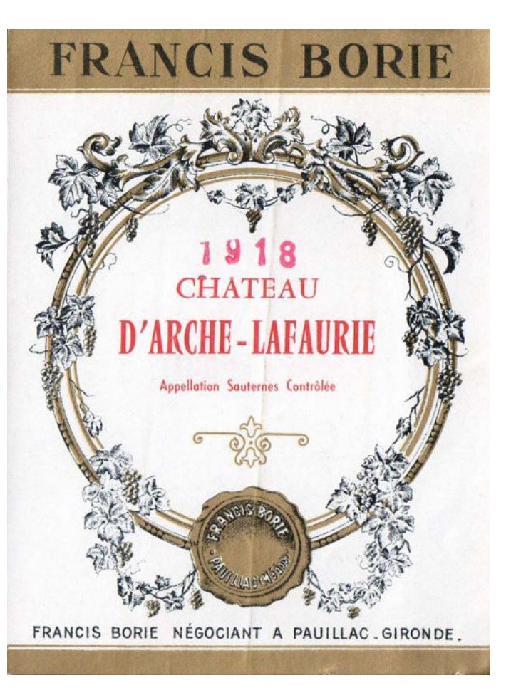 Etiquette vin, Château d'Arche Lafaurie 1918, Francis Borie