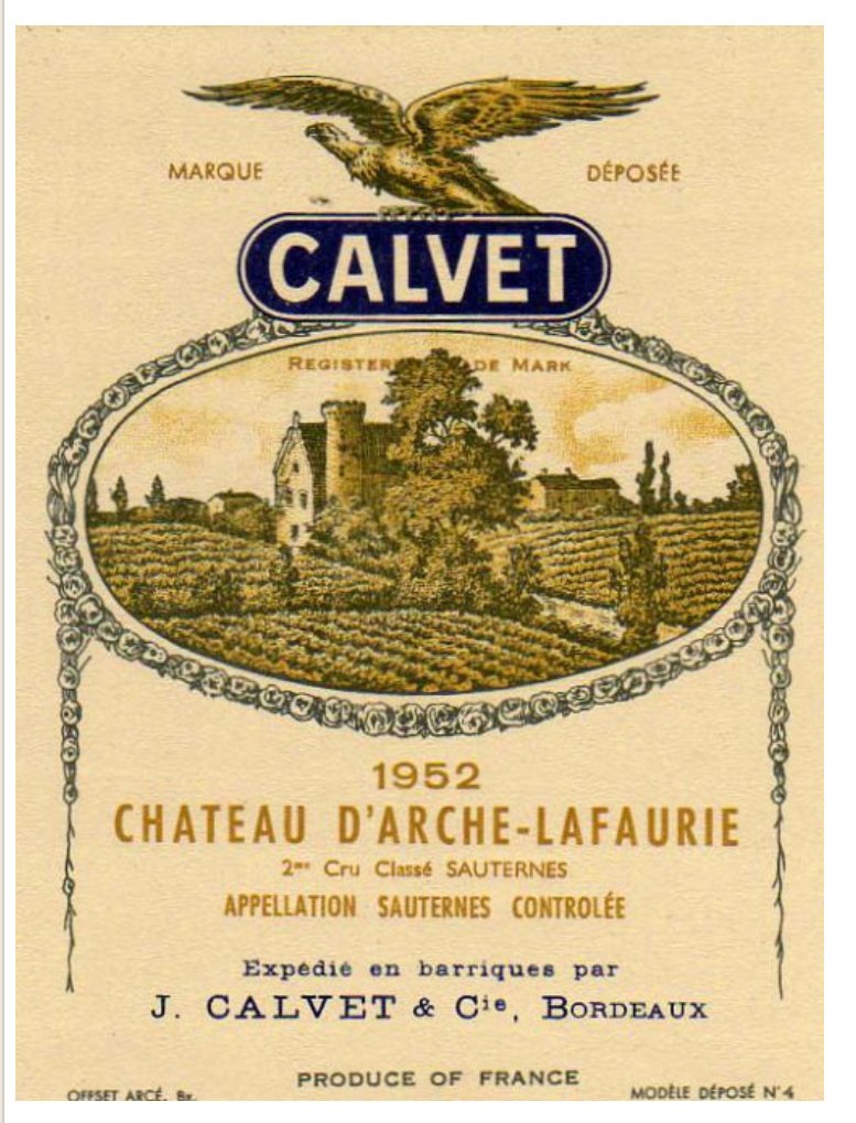 Etiquette vin, Château d'Arche Lafaurie 1952, Calvet