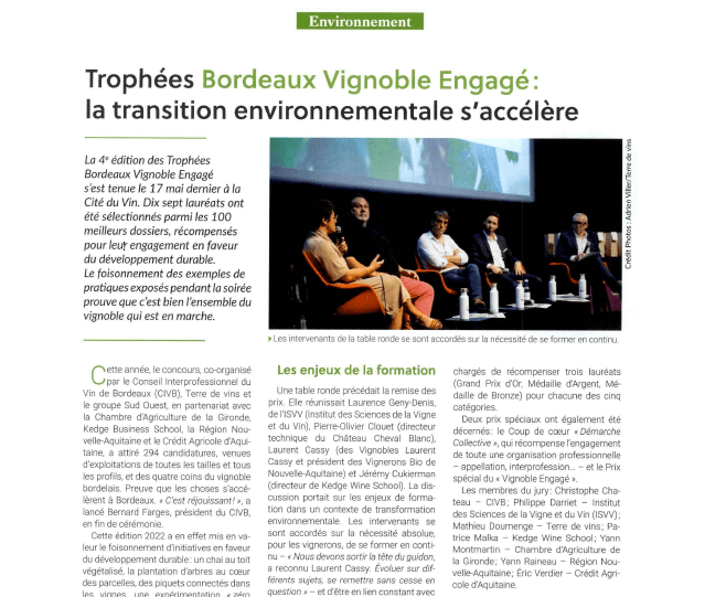 UNION GIRONDINE : Trophées Bordeaux Vignoble engagé : la transition environnementale s’accélère - Chateau d'Arche